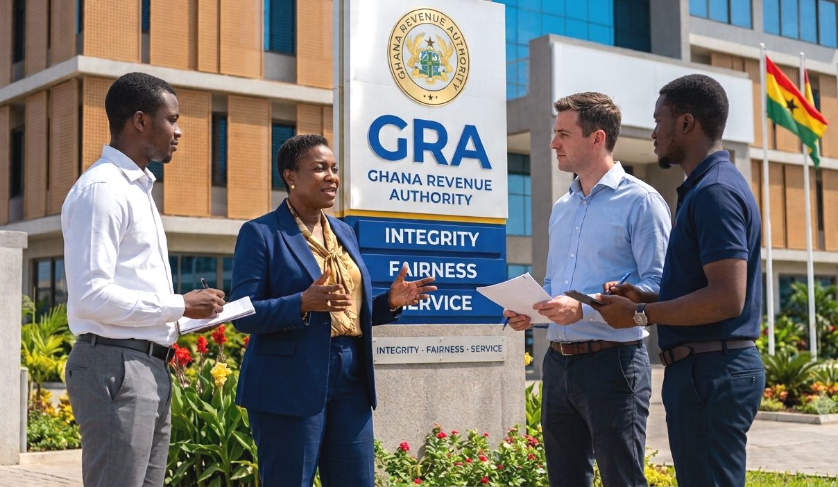 Advisors from Countrydata meeting with staff outside the Ghana Revenue Authority building